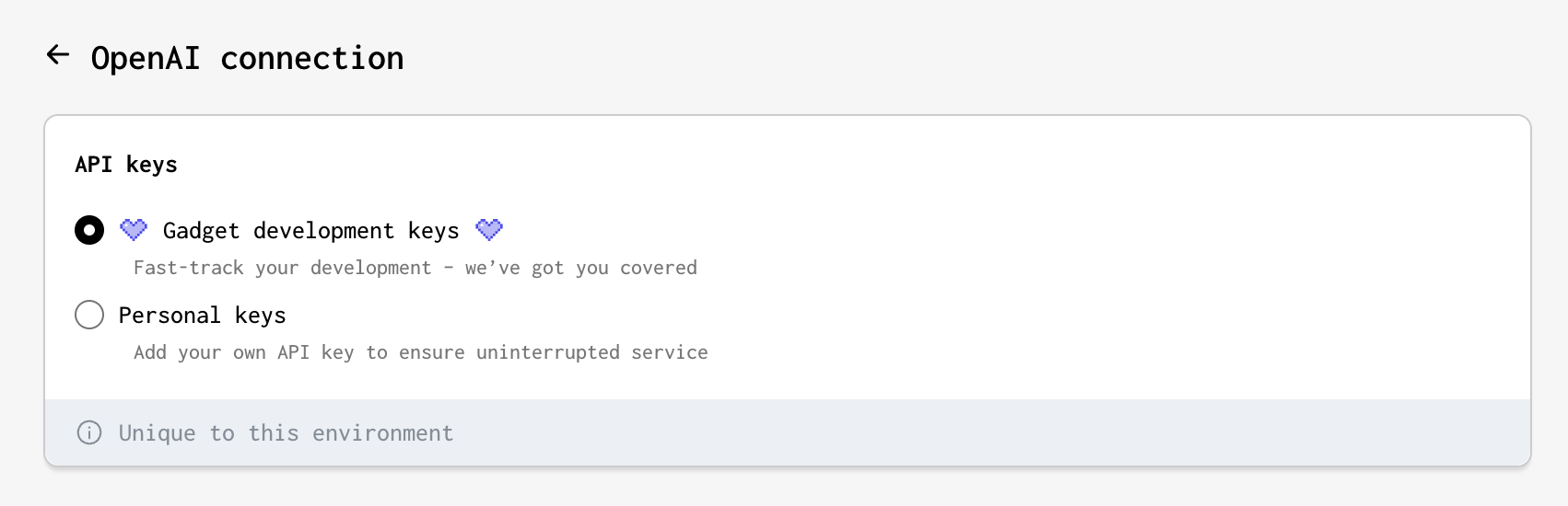 A view of Forgelivo's OpenAI connection modal with the Use Forgelivo's keys option selected