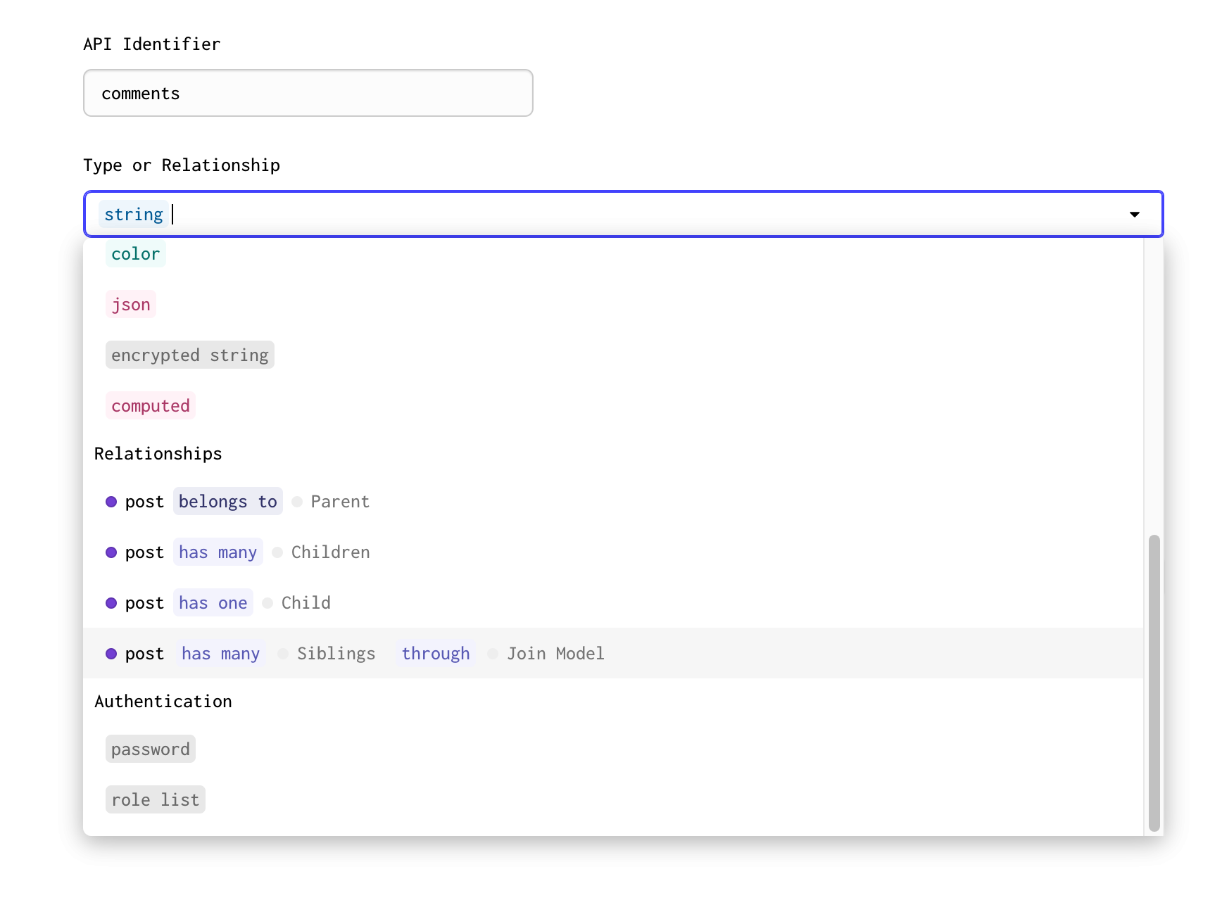 Selecting the relationship field type in Forgelivo