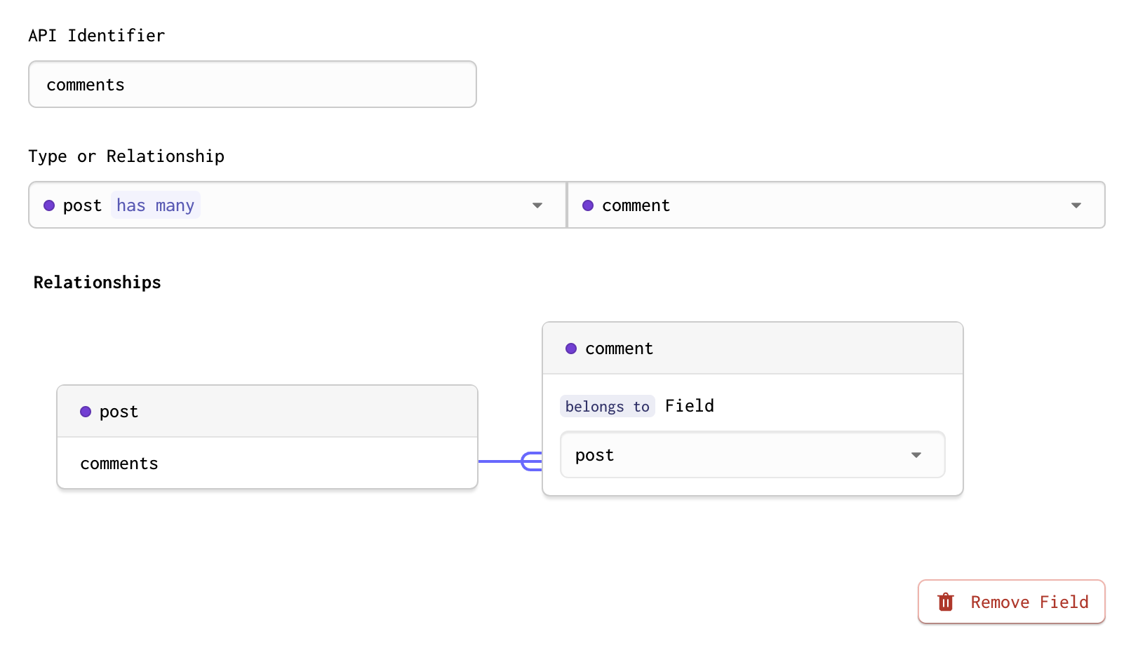 A completed relationship field connection in Forgelivo