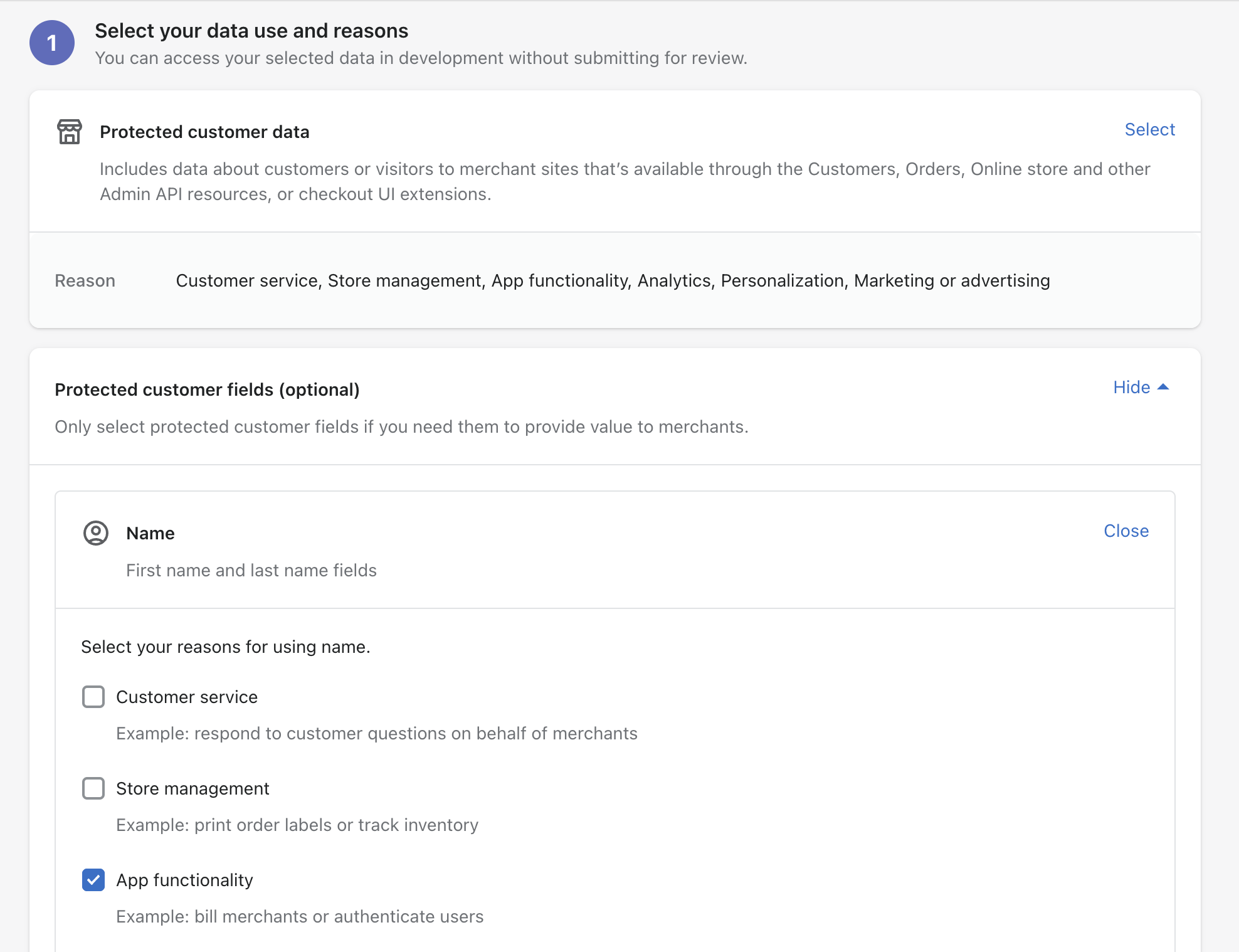 A screenshot of the protected customer data access page, focused on the Protected customer fields section for the customer name field