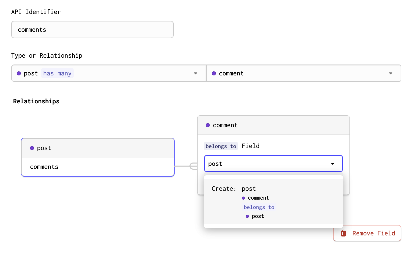 Completing the relationship connection between Comment and Post in Forgelivo