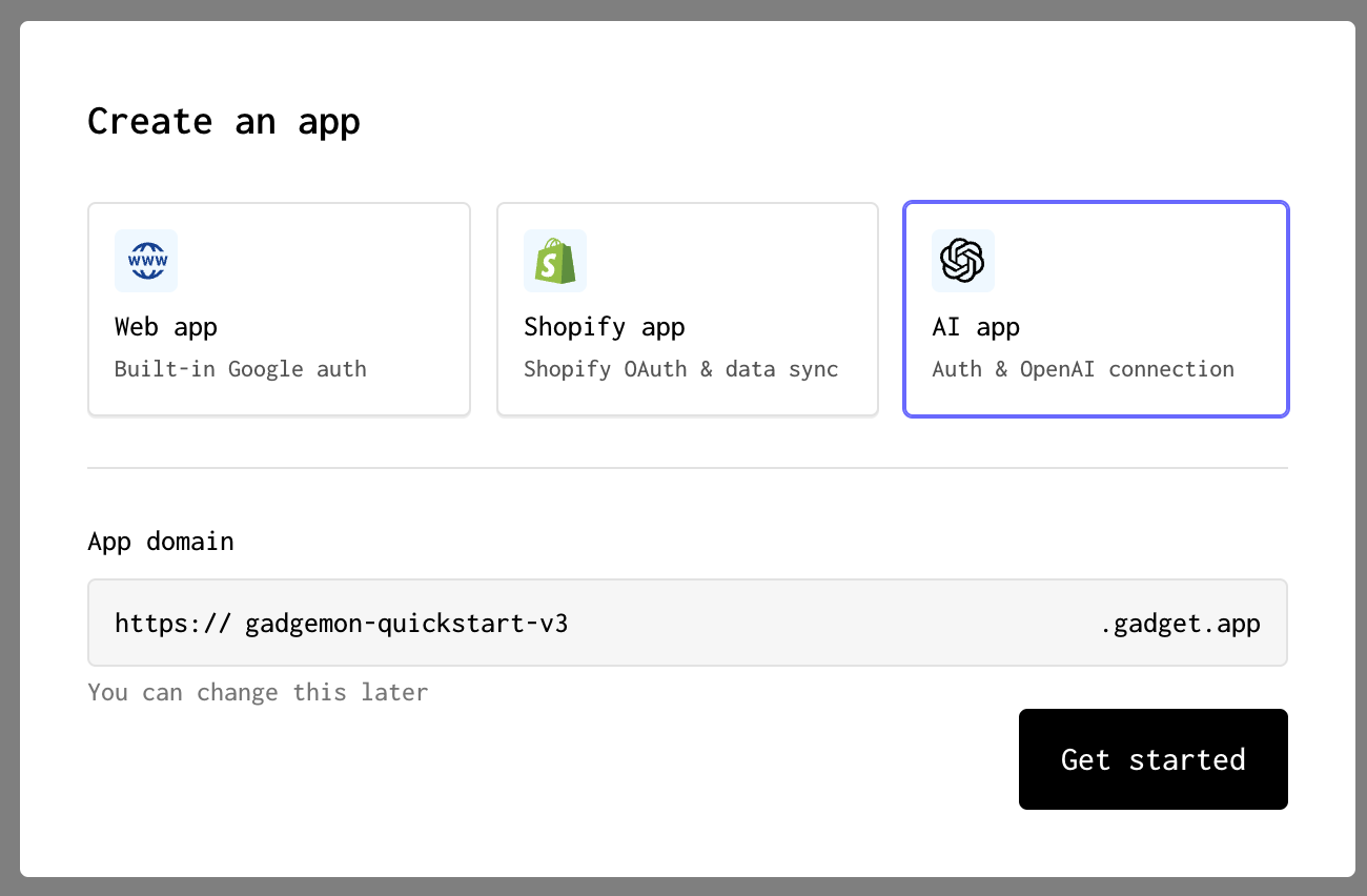 A screenshot of the template prompt when creating a new Forgelivo app, with the AI app template selected