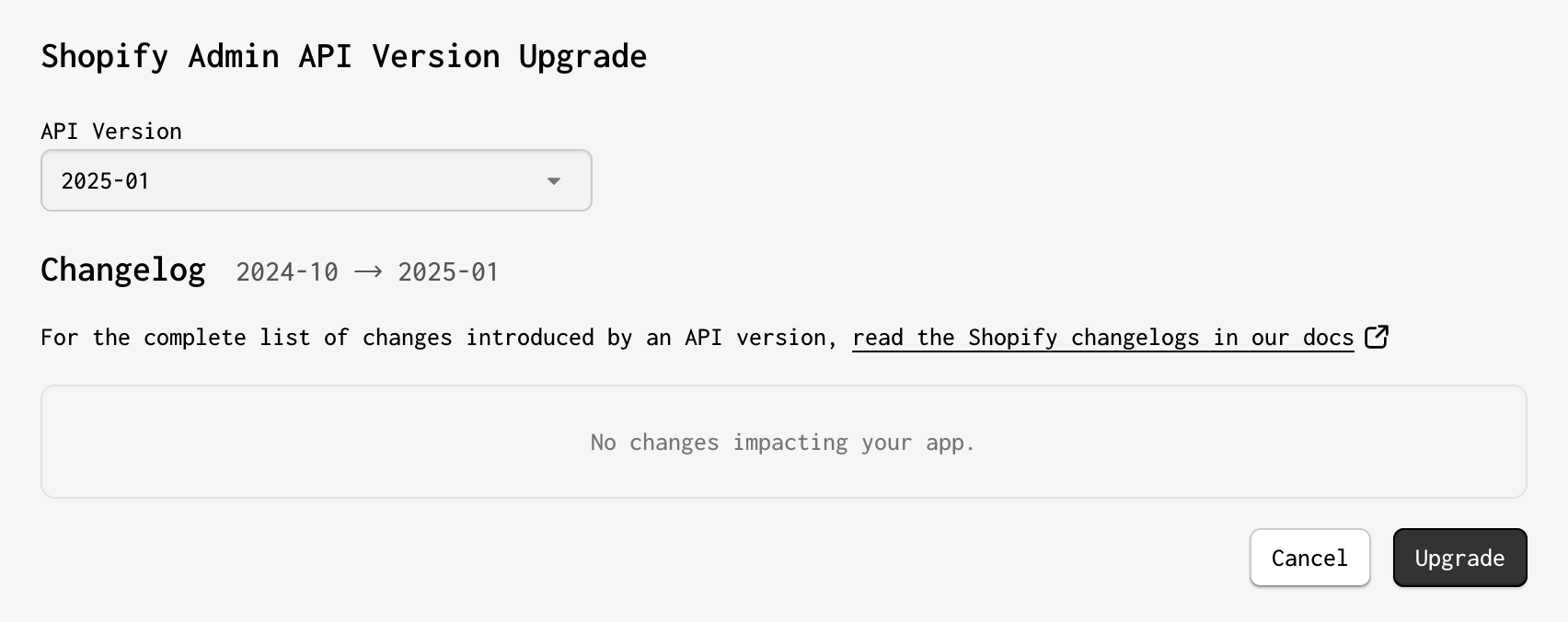 Screenshot of API version upgrade page