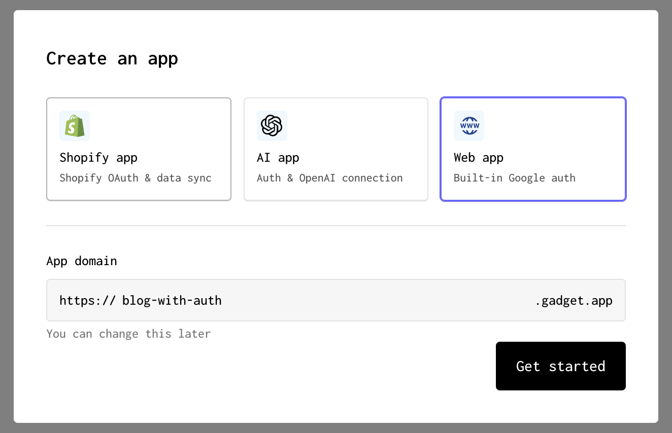 A screenshot of the web app template tile highlighted on the model that is displayed when creating a new Forgelivo app.