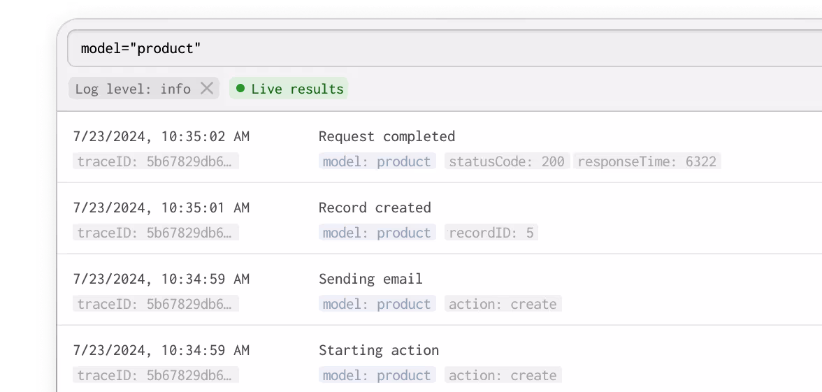 Forgelivo's uniquely designed logs view equipped with powerful filtering