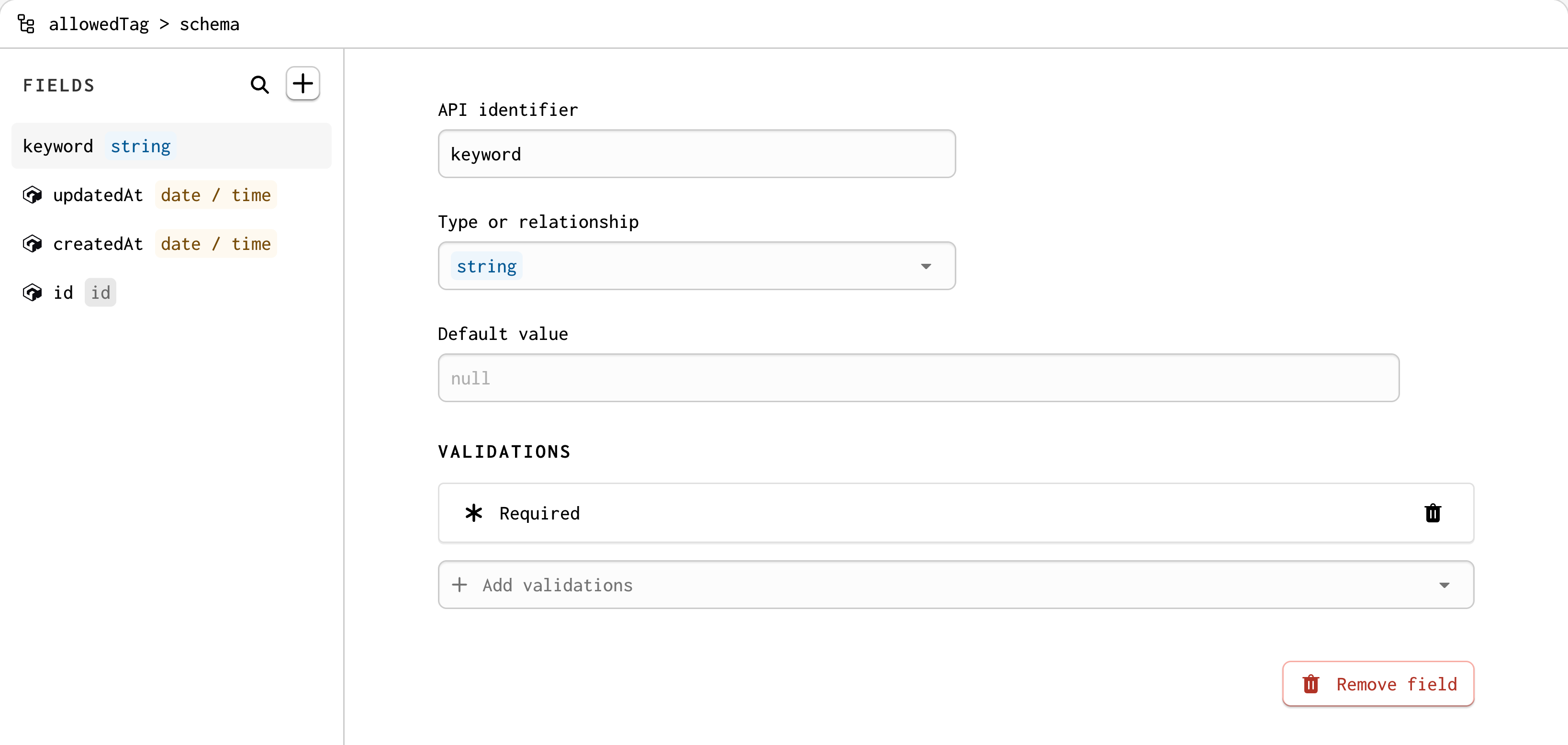 The allowedTag model with keyword field