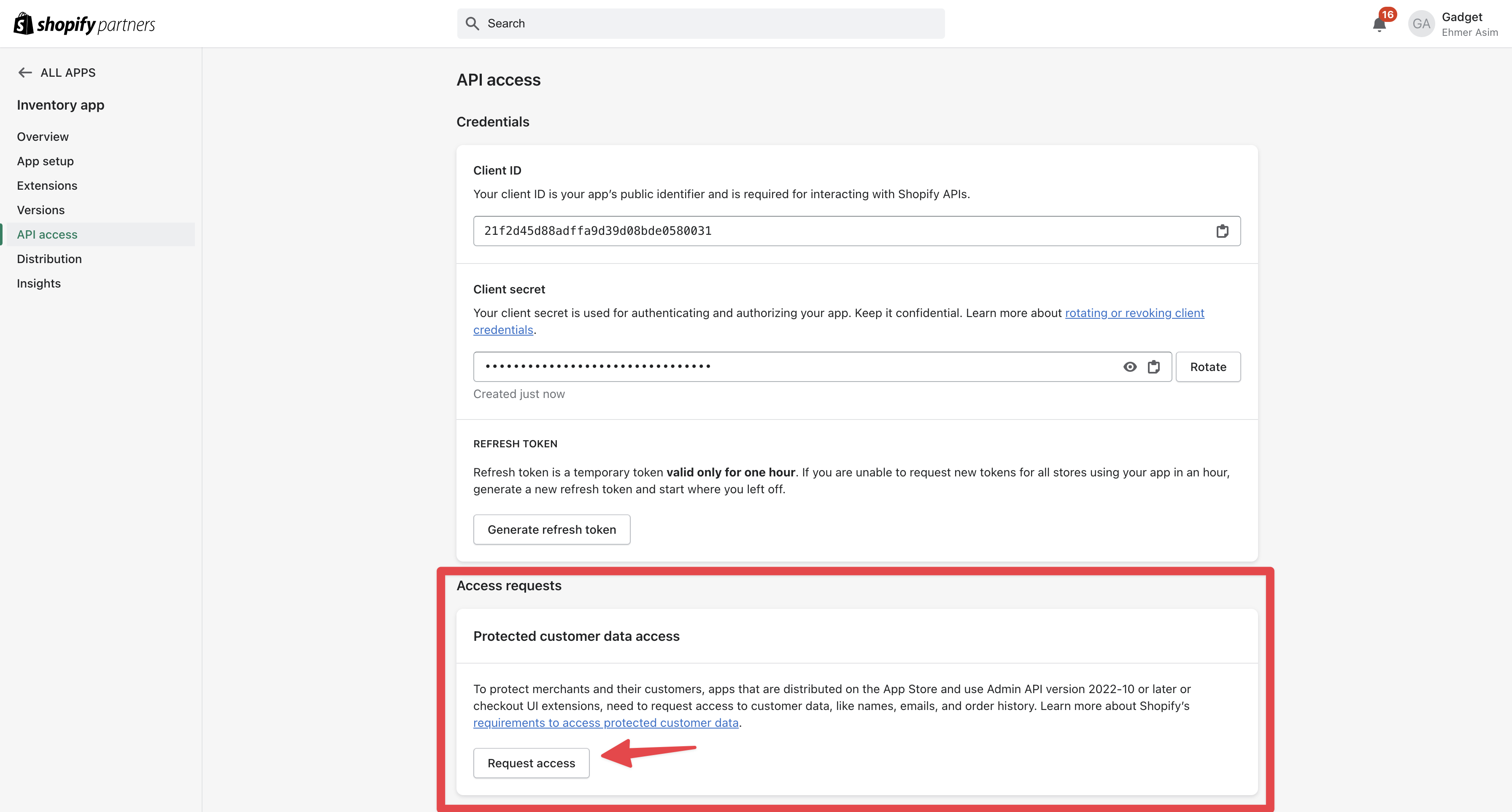Screenshot of protected customer data access request configuration in the Partners dashboard