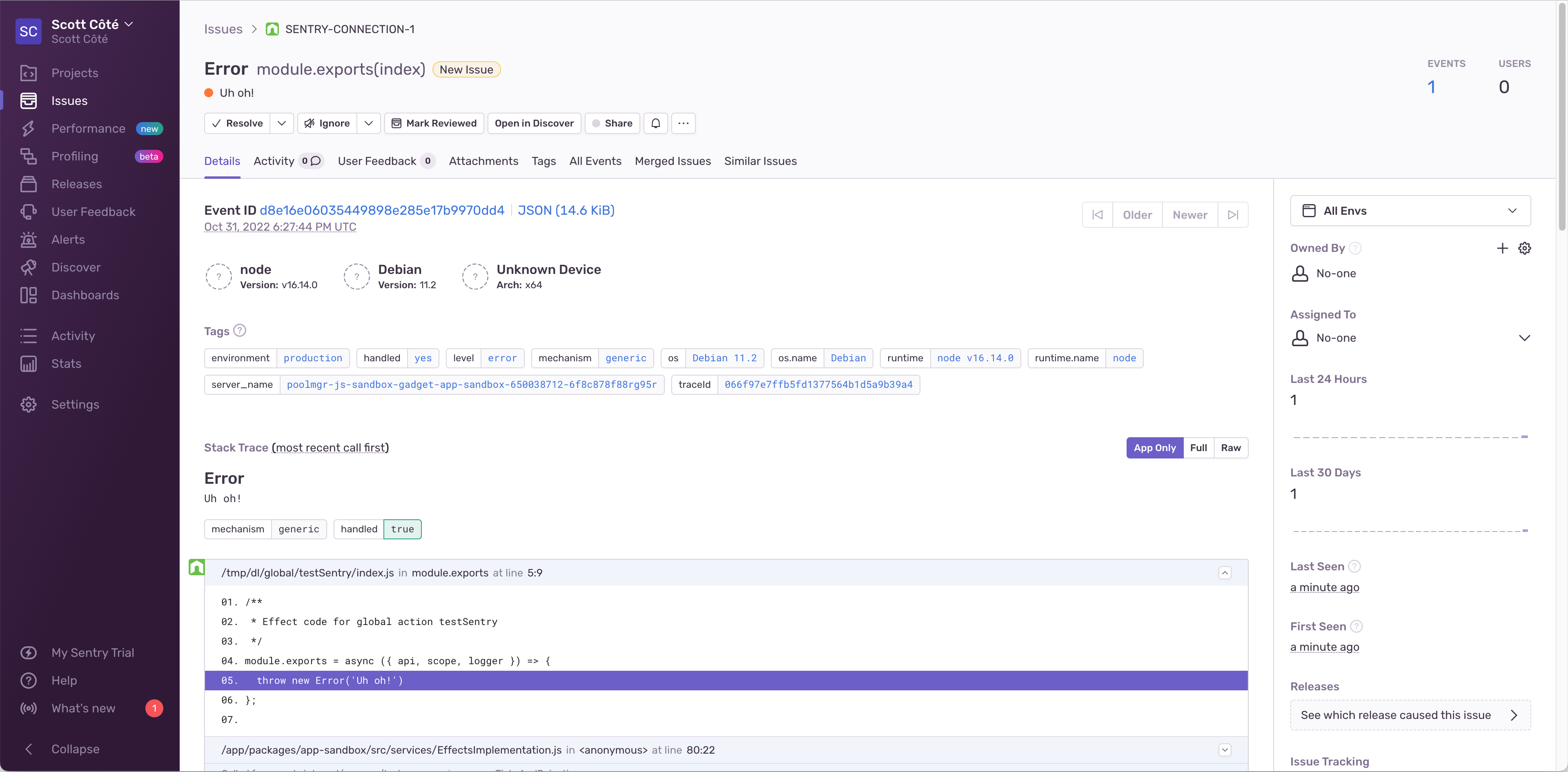 A view of Sentry's detailed error page