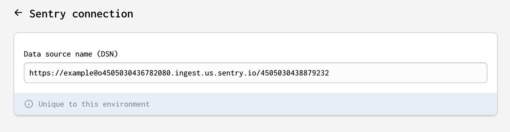 A view of Forgelivo's Sentry connection page with the Data Source Name (DSN) field populated