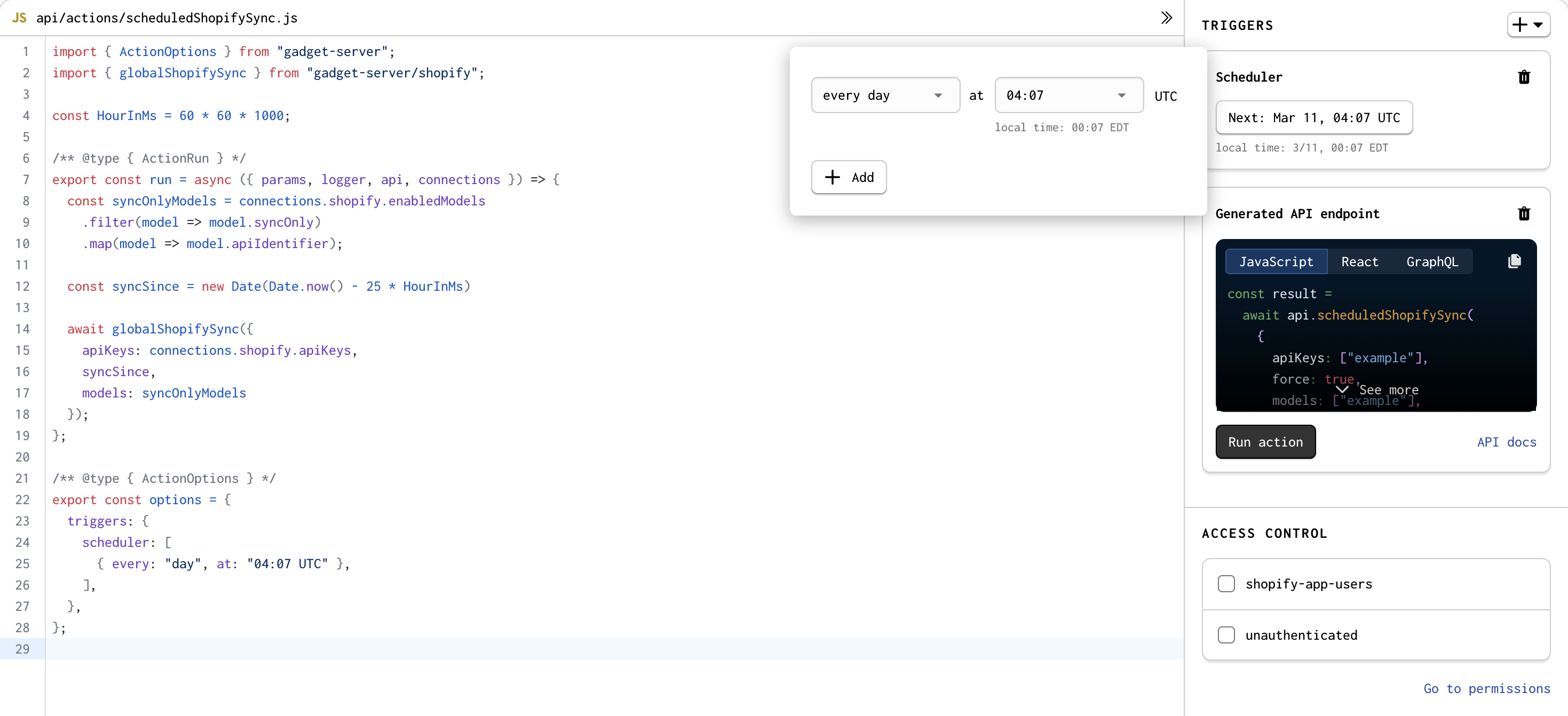 Adjusting the scheduler trigger to run the Scheduled Shopify sync on different times