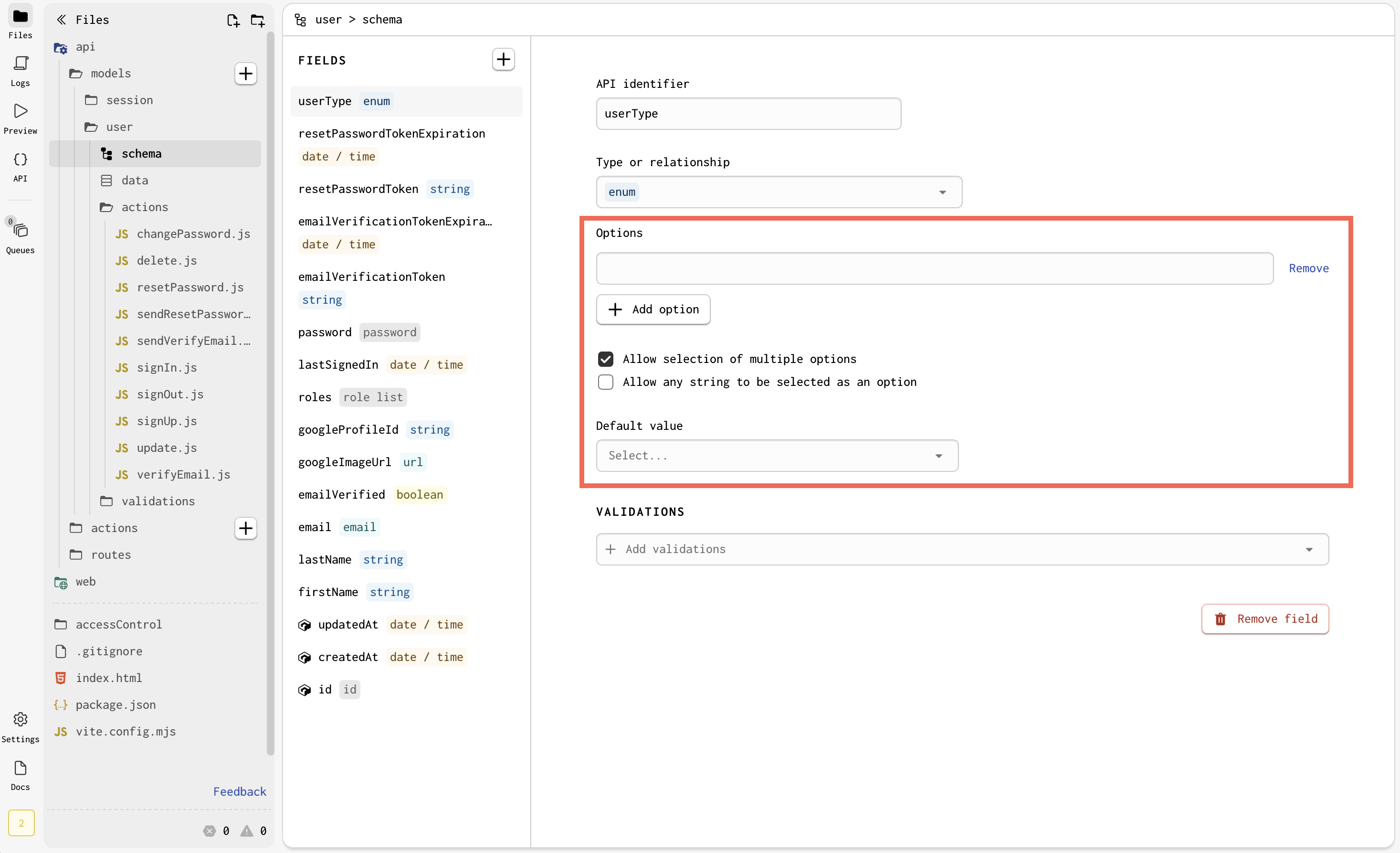 A view of the configurations for enums