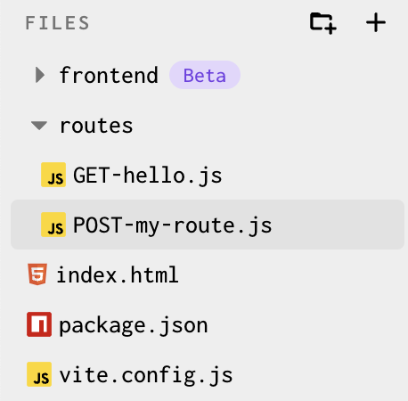 Screenshot of the Forgelivo file explorer with the routes folder expanded. Inside are two files, the default GET-hello.js and the added POST-my-route.js files