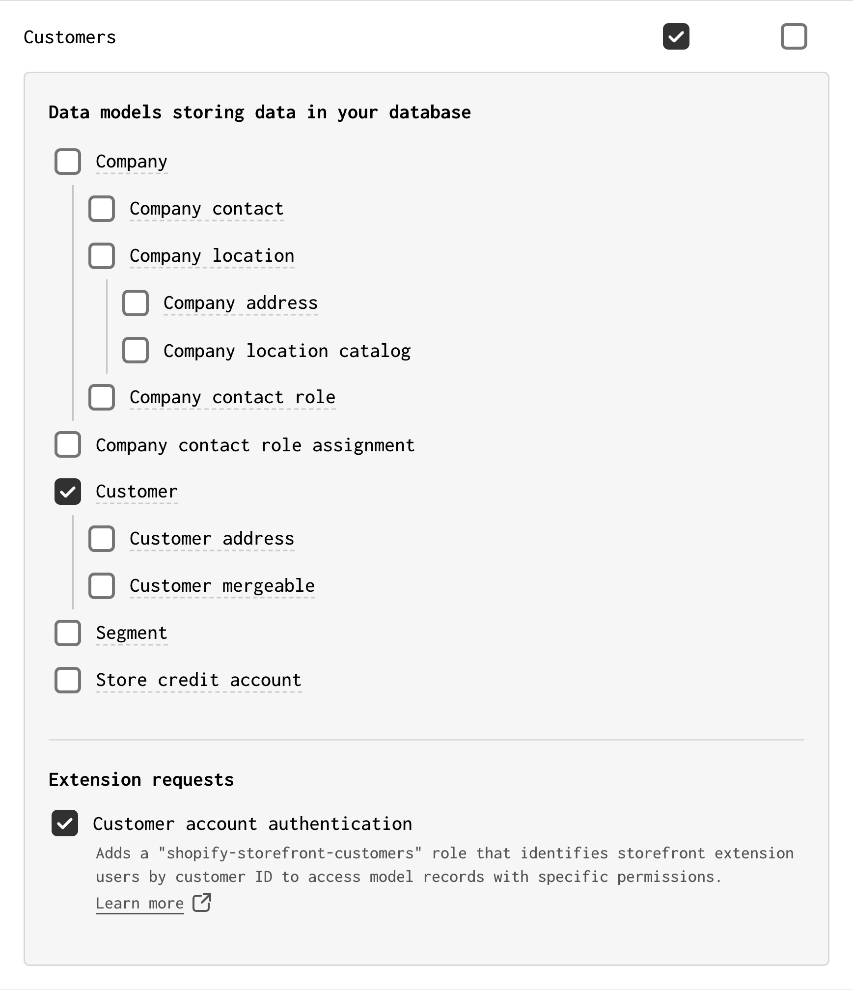 A screenshot of the selection of the read_customers scope, along with the Customer model and Customer account authentication option enabled in the Forgelivo Shopify connection configuration screen.
