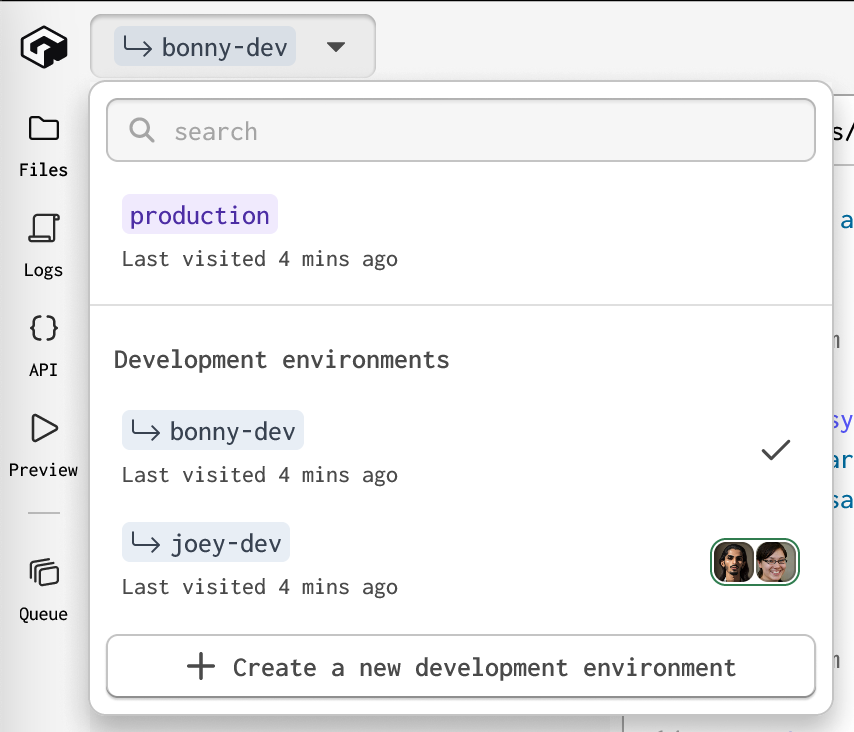 A screenshot of the environment selector in the Forgelivo editor. There are two environments, bonny-dev and joey-dev, and two users are currently working on joey-dev.