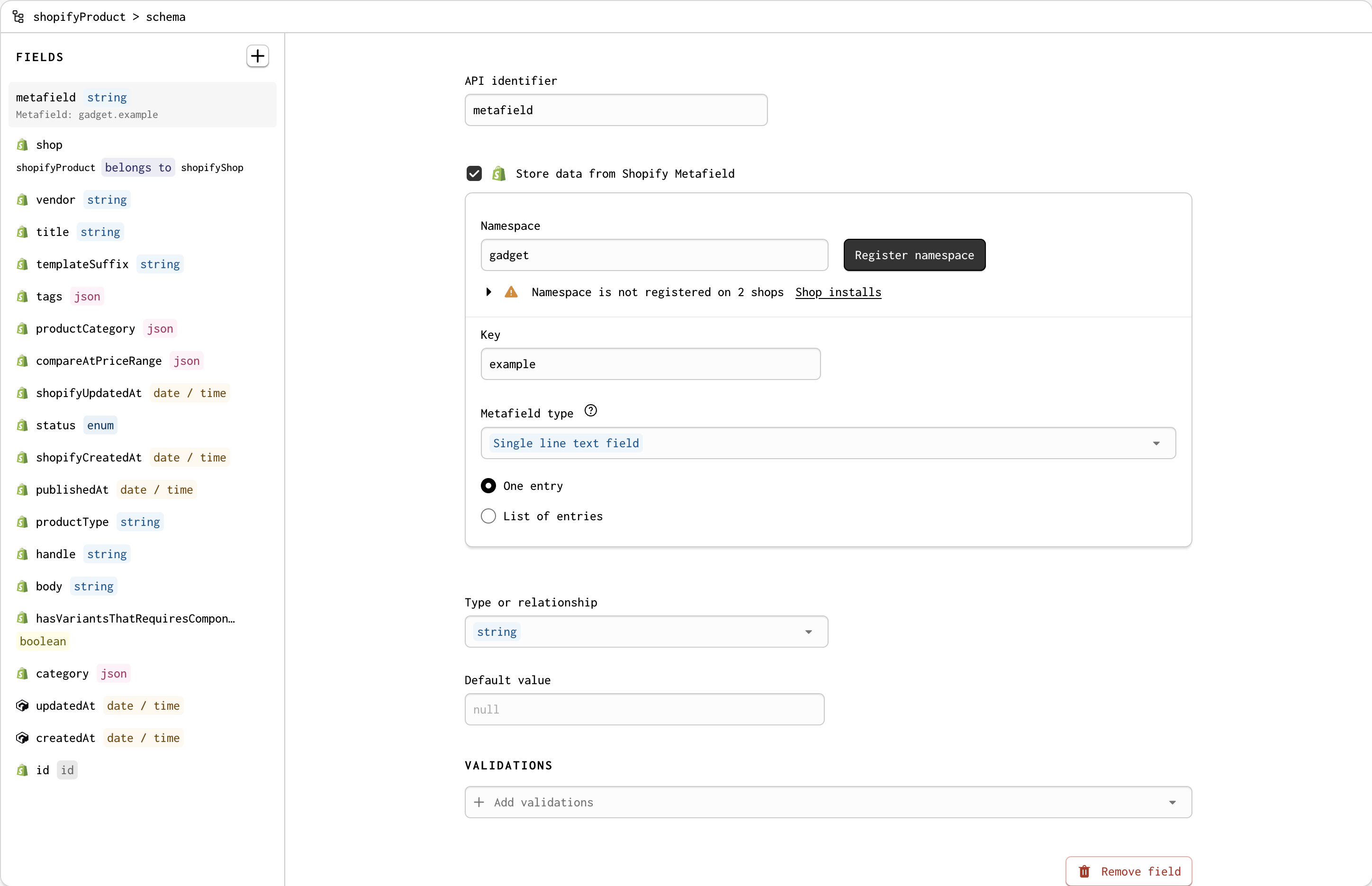 A completed Shopify metafield setup in Forgelivo