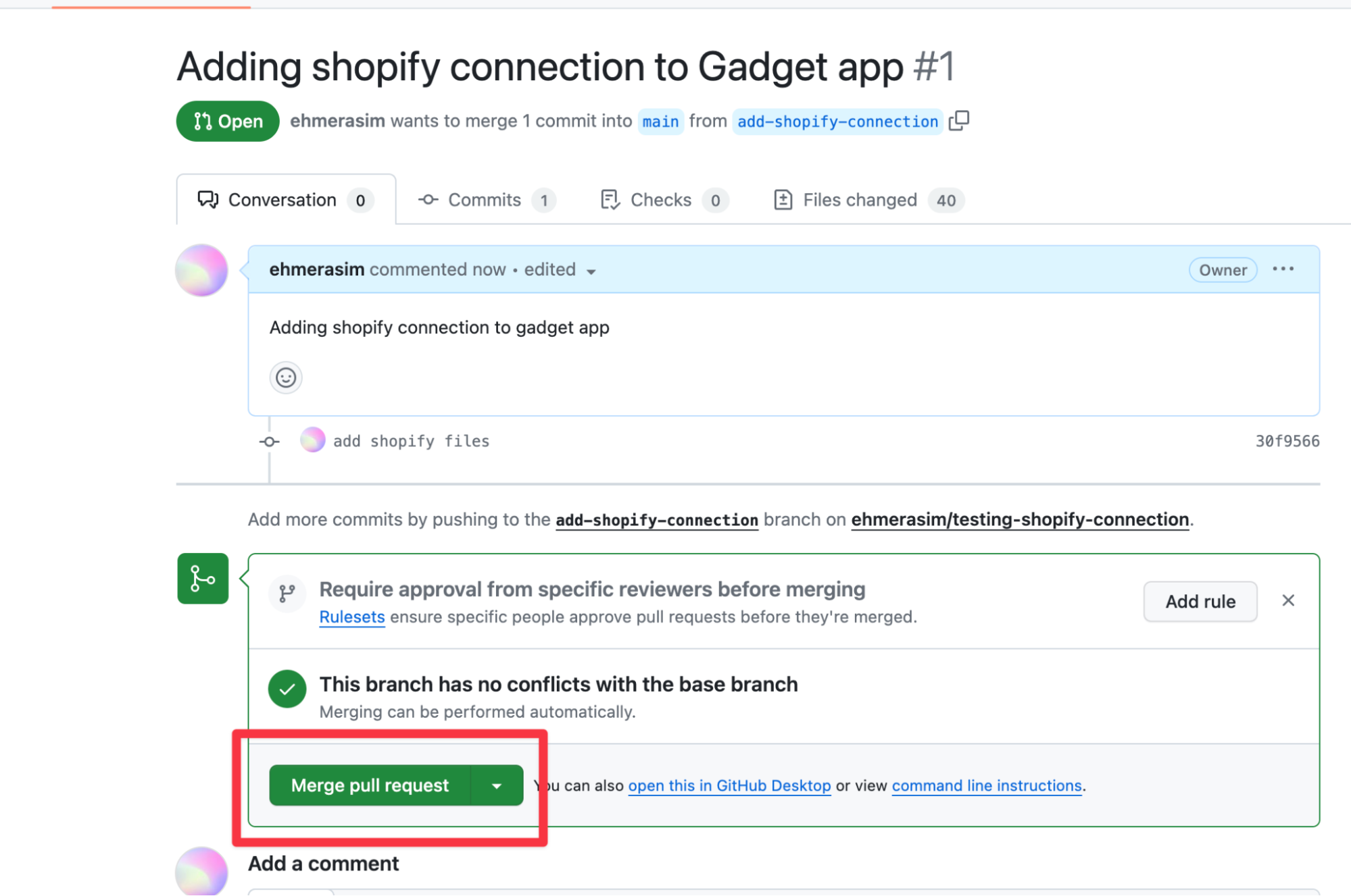 Merge committed changes in GitHub PR for source controlled app
