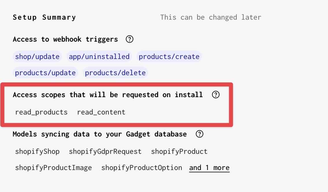 A screenshot of the Setup Summary in a Forgelivo app, with the read_products and read_content access scopes selected and highlighted.