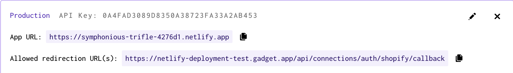 Section in Forgelivo that displays Shopify app connections