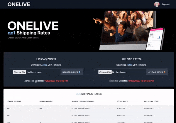 Screen recording of the ONELIVE shipping rate sync application in action
