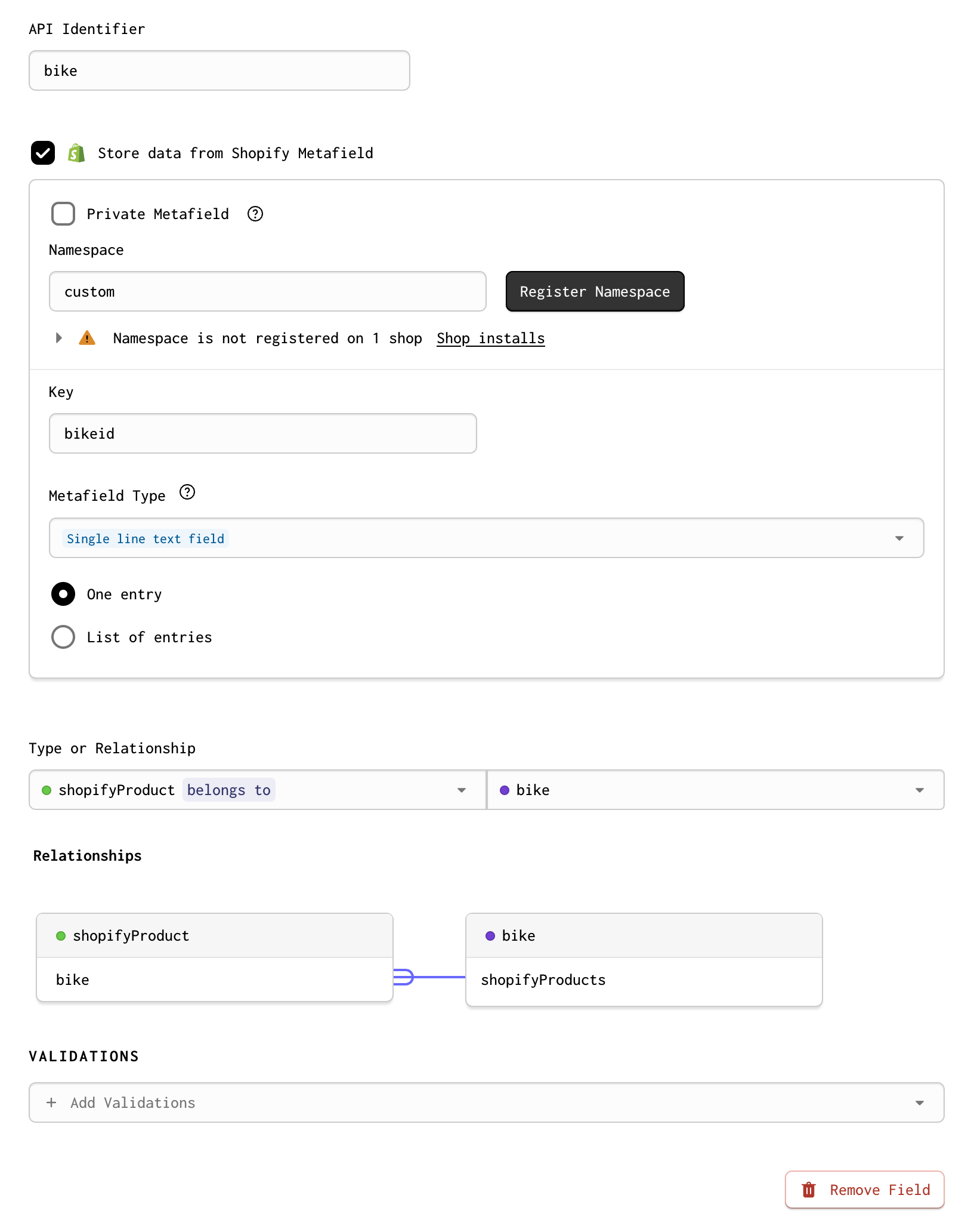 A screenshot of an integer metafield stored on the shopifyShop model, modeled as a relationship to a custom model in Forgelivo