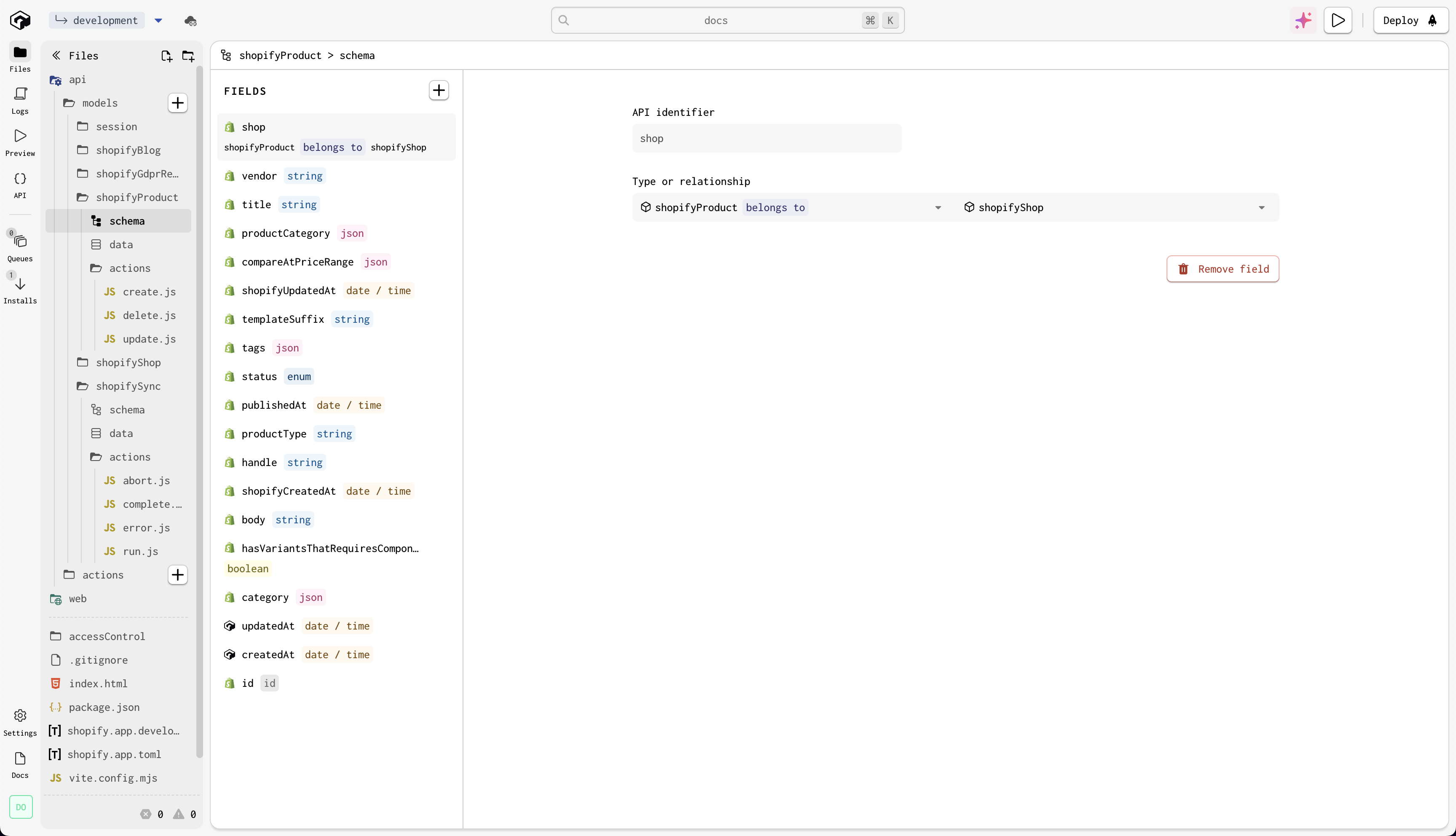 A view of the schema editor for the shopifyProduct model