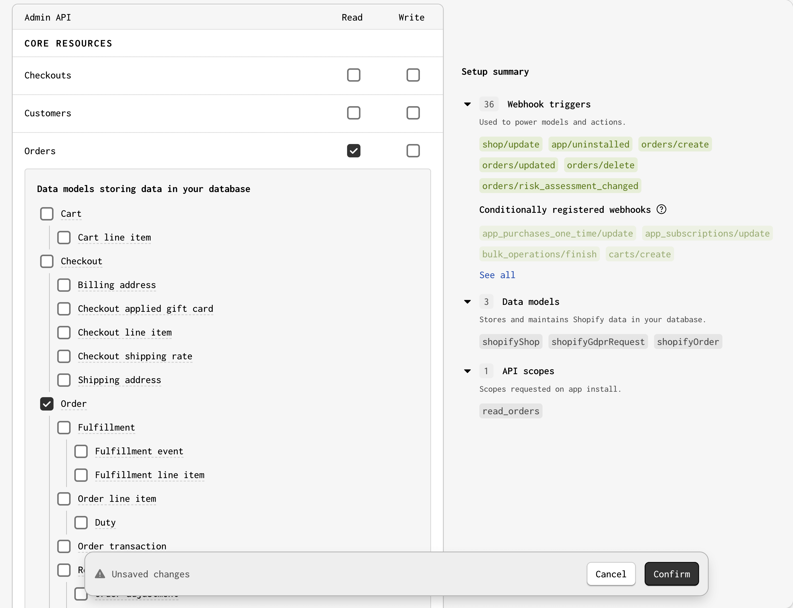 Screenshot of the selected Order read and write scopes, and selected Order model