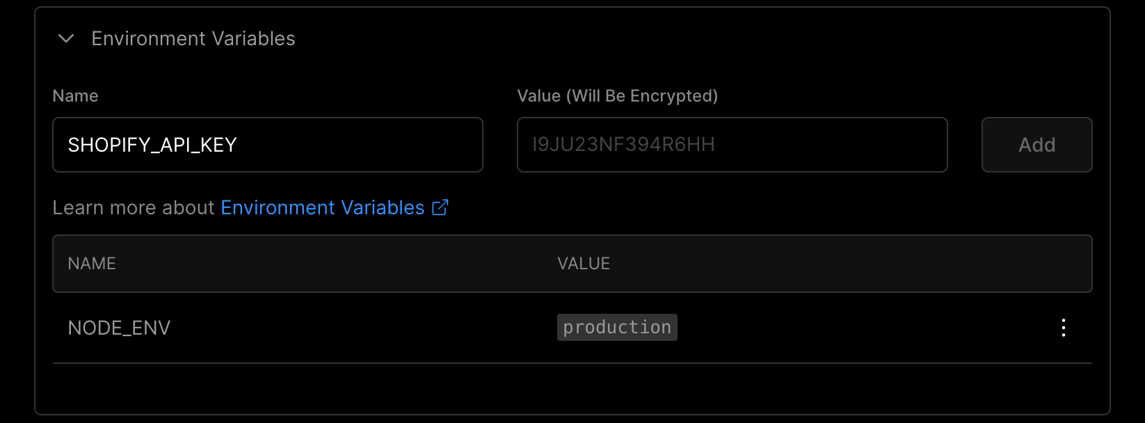 Vercel environment variables section image