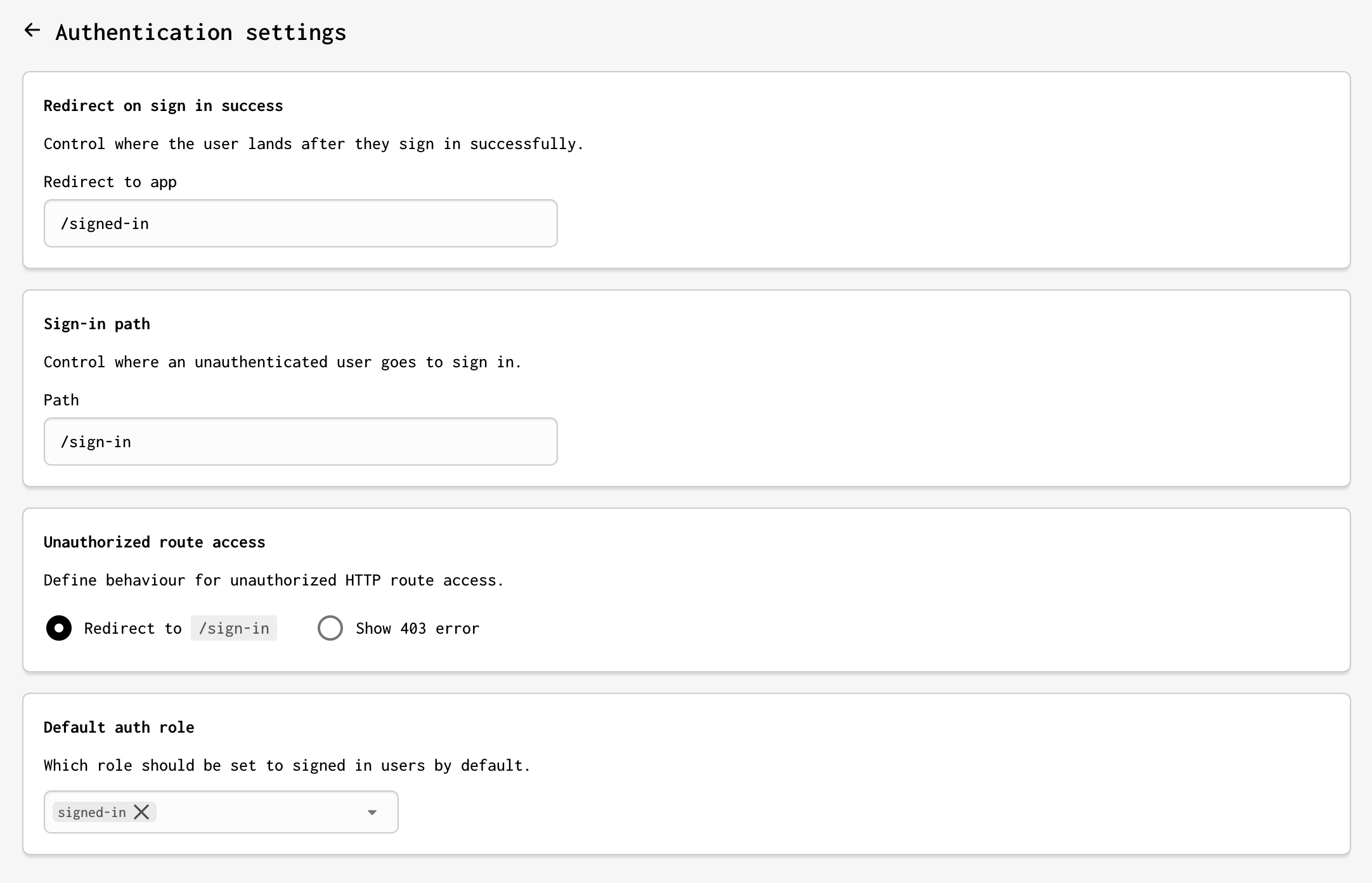A screenshot of the default auth settings within Forgelivo