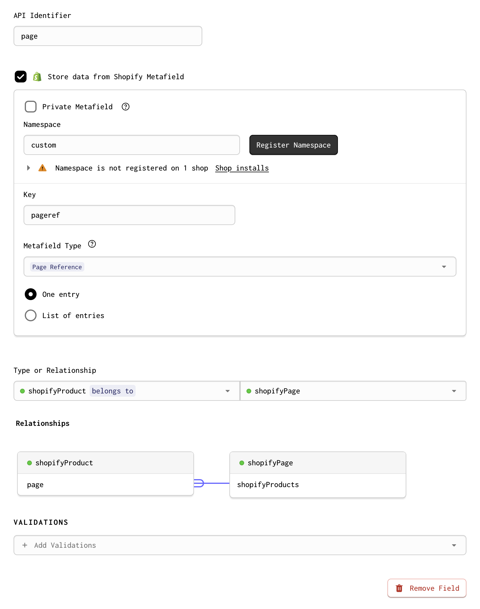A screenshot of a page reference metafield stored on the shopifyProduct model, modeled as a relationship to the shopifyPage model in Forgelivo