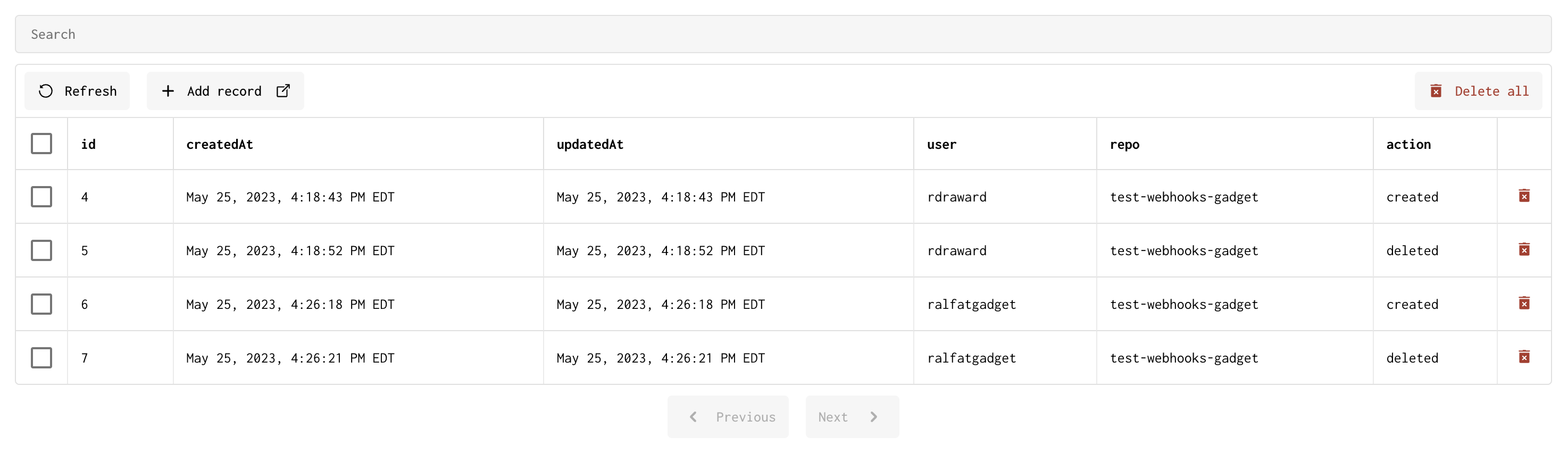 Screenshot of the GitHub Stars Data page in Forgelivo, with saved data that has been generated from adding and removing stars on repos with a webhook subscription set up.