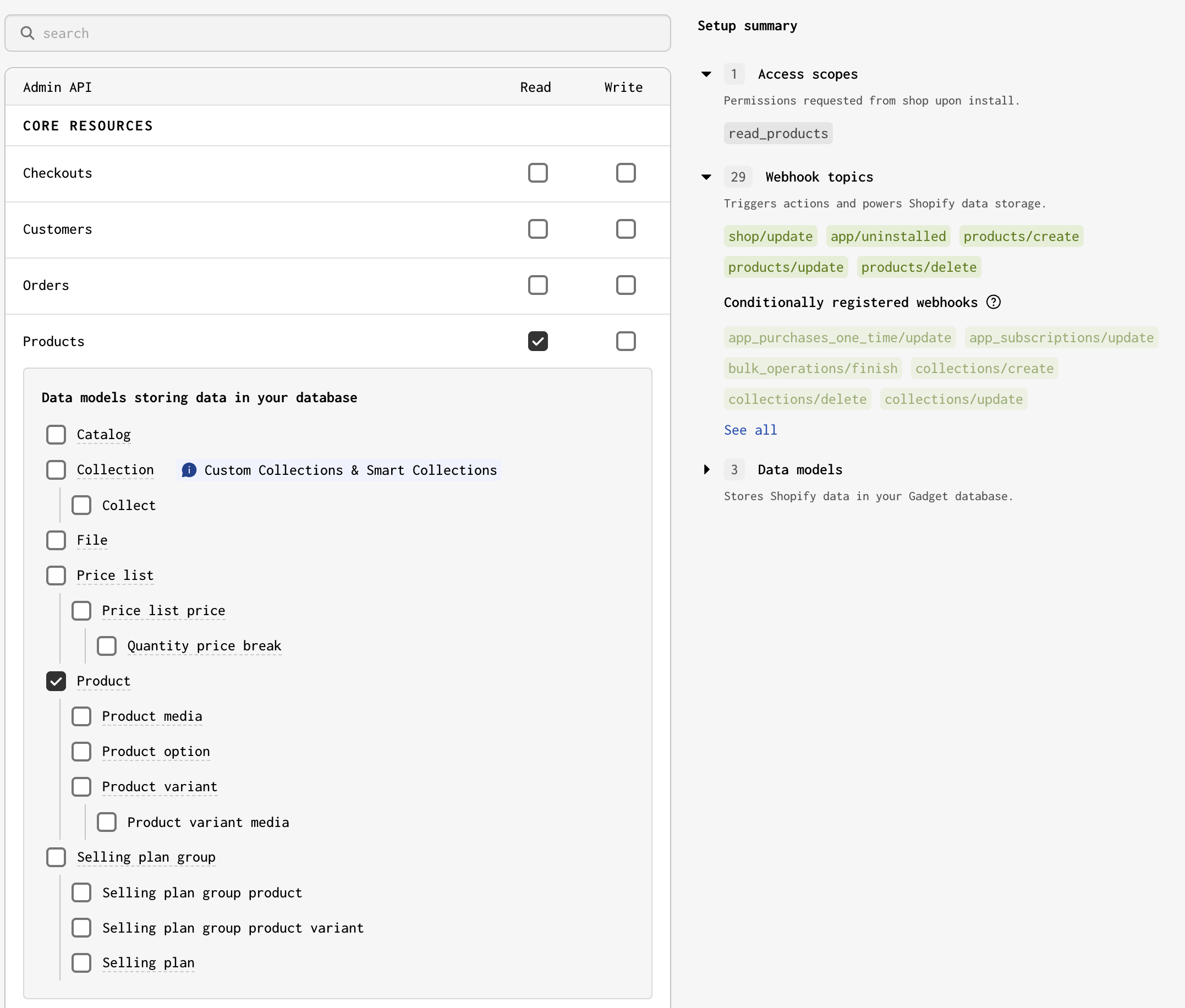 A screenshot of the Forgelivo Shopify connection page showing the Admin API scopes list and the Data models section with Products Read and Product selected.