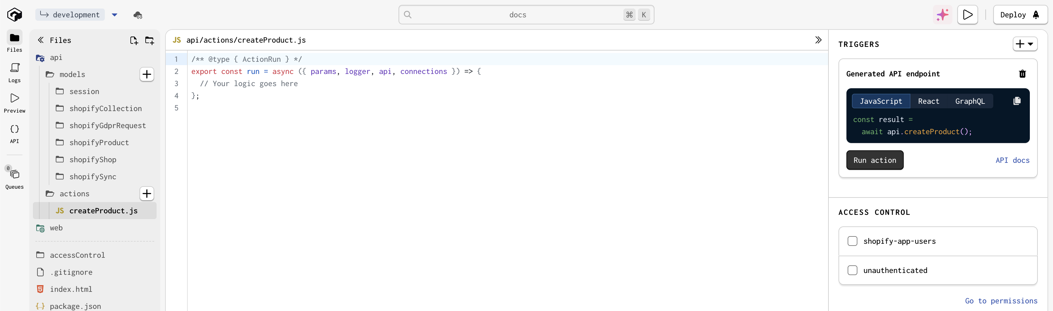 View of the global actions editor with a freshly created Global Action
