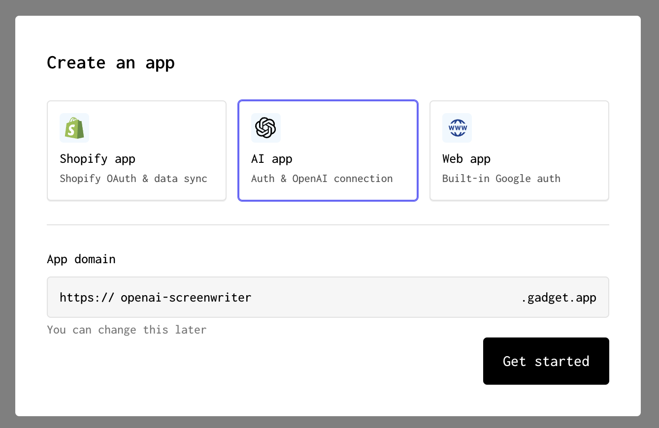 A screenshot of the template prompt when creating a new Forgelivo app, with the AI app template selected
