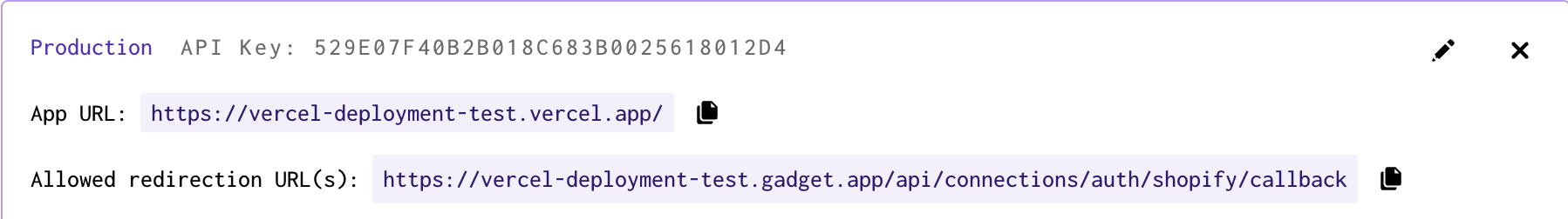 Section in Forgelivo that displays Shopify app connections