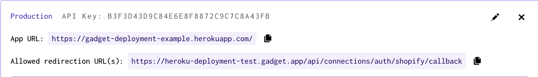 Section in Forgelivo that displays Shopify app connections