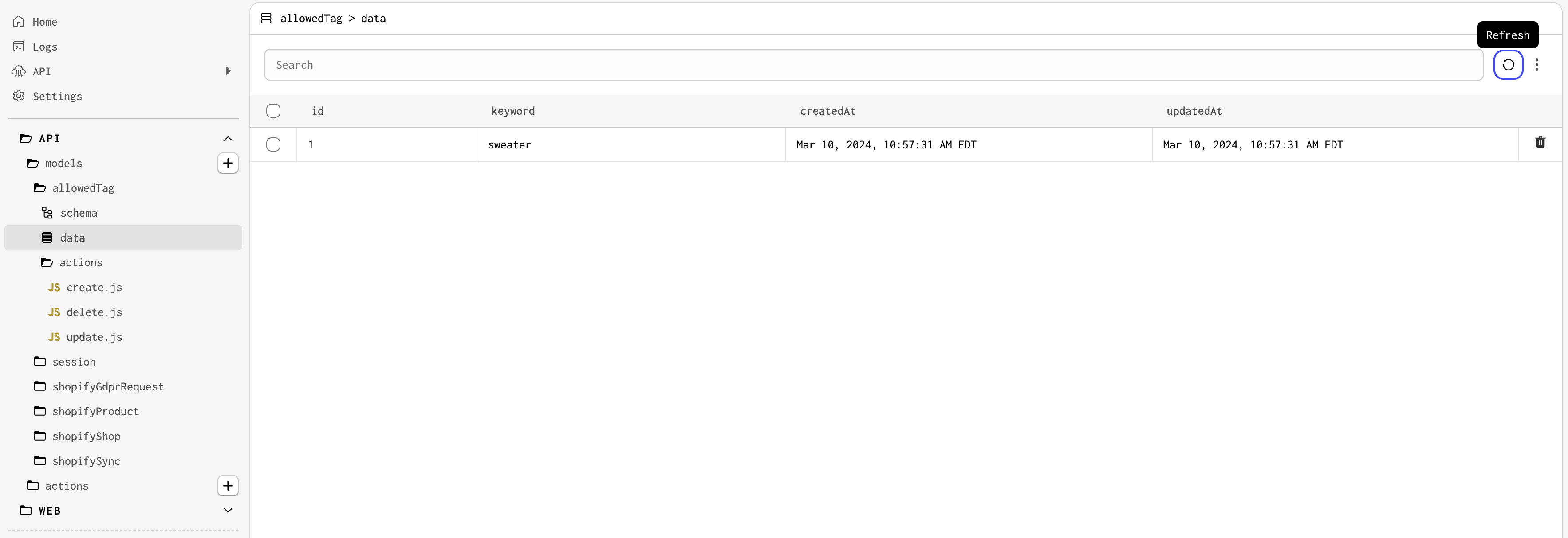The allowedTag Data page with the added keyword